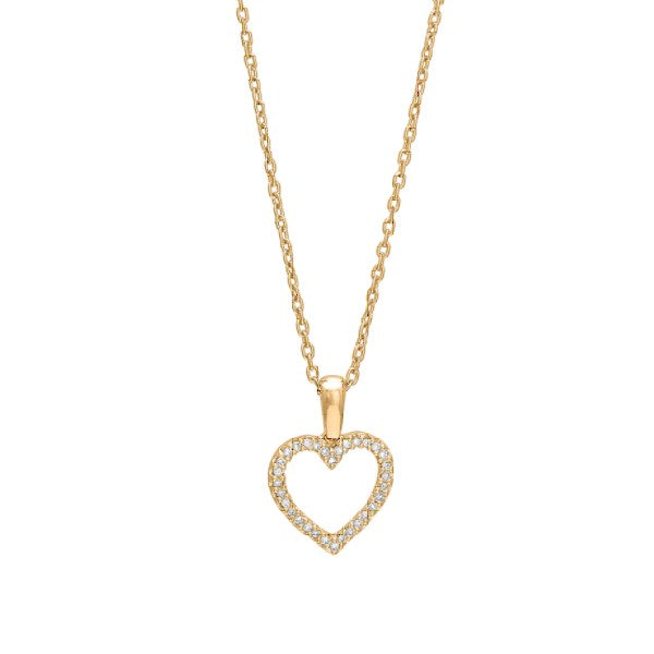 Siersbøl hjertevedhæng i 14 kt guld med 0,09 ct diamanter og forgyldt sølvkæde 42+3 cm.